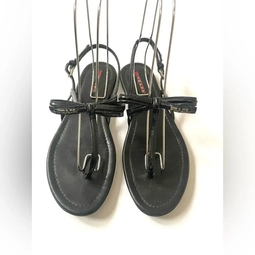 Prada Black Patent leather bow tie logo embellished T strap flat sandals EU 39.5 - Picture 2 of 13